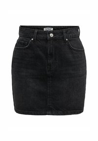 Zwarte denim minirok met een hoge taille, voorzakken en zilveren knoopsluiting. Glad textuur met subtiele vervaagde details.