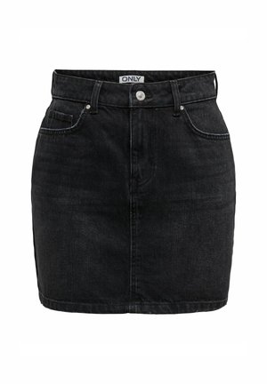 Sort denim mini skirt med høj talje, forlommer og sølvknaplukning. Glat tekstur med subtile falmede detaljer.