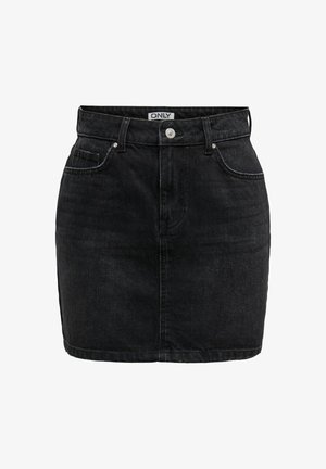 Mustmust mustriiet, millel on kõrge vöökoht, eesmine taskud ja hõbedane nööbiga sulgemine. Sile tekstuur koos tagasihoidlike pleekinud detailidega.