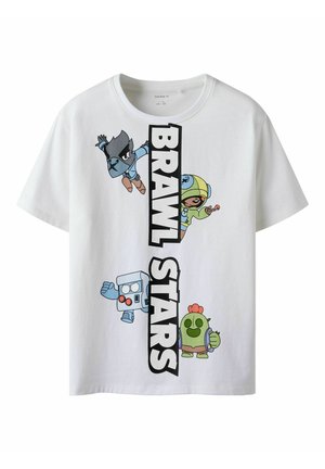 T-shirt en coton blanc avec des personnages de dessin animé colorés, portant "BRAWL STARS" imprimé en grandes lettres noires verticalement au centre.