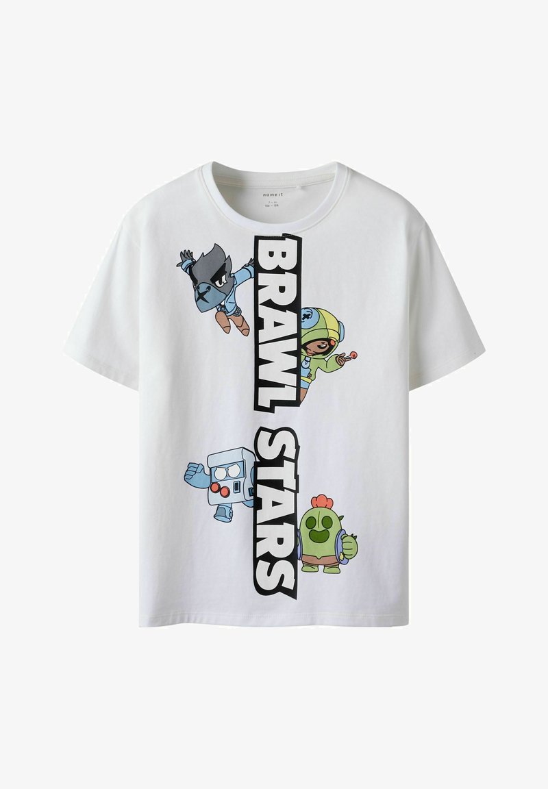 Bela bomba majica iz 100% bombaža z živahnimi risanimi liki, na kateri je v debelem črnem tisku navpično napisano "BRAWL STARS".