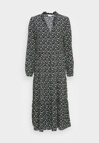 Vestido preto floral com mangas longas, decote em V, colarinho franzido e saia em camadas. Apresenta pequenos padrões florais multicoloridos.