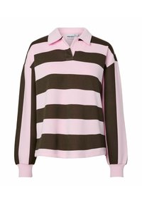 T-shirt de rugby à manches longues avec de larges rayures horizontales roses et marron foncé, col, et coupe ample.