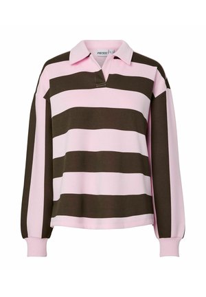 T-shirt de rugby à manches longues avec de larges rayures horizontales roses et marron foncé, col, et coupe ample.