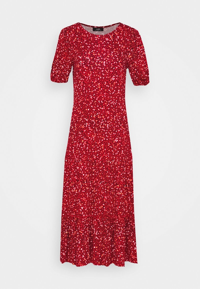 Robe midi rouge avec manches courtes bouffantes et petit motif floral blanc et noir, encolure ronde et ourlet fluide.