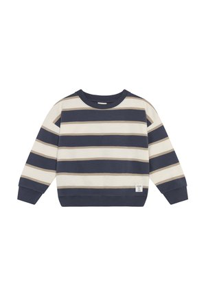 Sudadera a rayas en azul marino, crema y topo. Presenta un escote redondo y puños acanalados. Fabricada con un tejido suave y cómodo.
