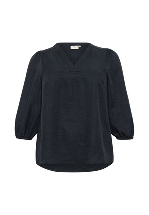 Donkerblauwe blouse met lange mouwen en een V-hals, gathered pofmouwen en een licht gebogen zoom. Zachte textuur met een subtiele glans.