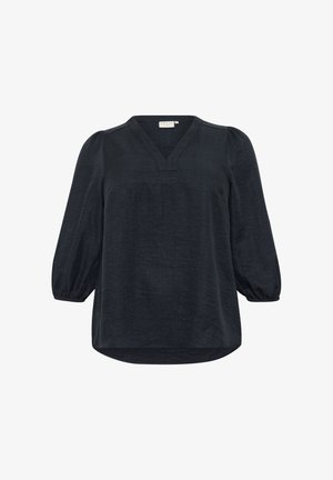 Dark blue, long-sleeve blouse with a V-neckline, gathered puff sleeves, and a slightly curved hem. Soft texture with a subtle sheen.