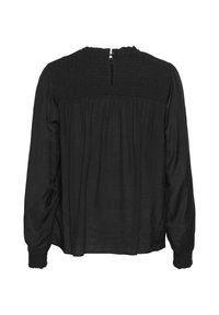 Schwarze Bluse mit langen Ärmeln, gerafftem Hals- und Ärmelsaum, Schlüsselaugen-Knopfverschluss am rückseitigen Halsausschnitt, locker sitzend und mit gerafftem Stoff unter dem Bündchen.