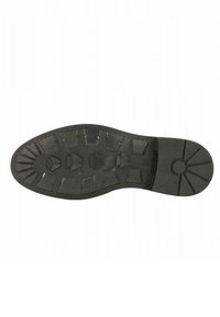 Suola di scarpa in gomma nera con un battistrada a motivo caratterizzato da molteplici linee di grip e forme geometriche, progettata per aderenza e durata.