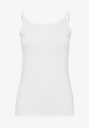 Camisole blanche sans manches avec des bretelles fines et réglables, fabriquée dans un tissu lisse et extensible, caractérisée par un design simple et épuré sans motifs.