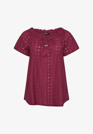 Bourgognefarvet bluse med korte ærmer og hulmønster, med samlet halsudskæring og kvastsnore, med blomster- og geometriske mønstre.