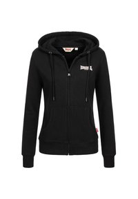 Crna zip-up dukserica od mješavine pamuka, s prednjim logotipom, dva bočna džepa, kapuljačom s vezicom i rebrastim manžetama i rubom.