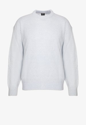 Hellblaues Sweatshirt aus weichem, strukturiertem Stoff. Verfügt über einen Rundhalsausschnitt, überschnittene Schultern und gerippte Bündchen sowie Saum.