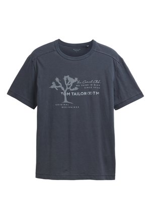 Dunkelgraues Baumwoll-T-Shirt mit Grafik eines Baumes und Text. Rundhalsausschnitt, kurze Ärmel, lässige Passform. Glatte Textur.