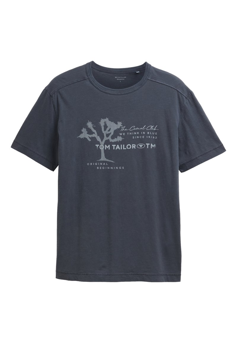 T-shirt en coton gris foncé avec un graphique d'arbre et du texte. Encolure ras du cou, manches courtes, coupe décontractée. Texture lisse.