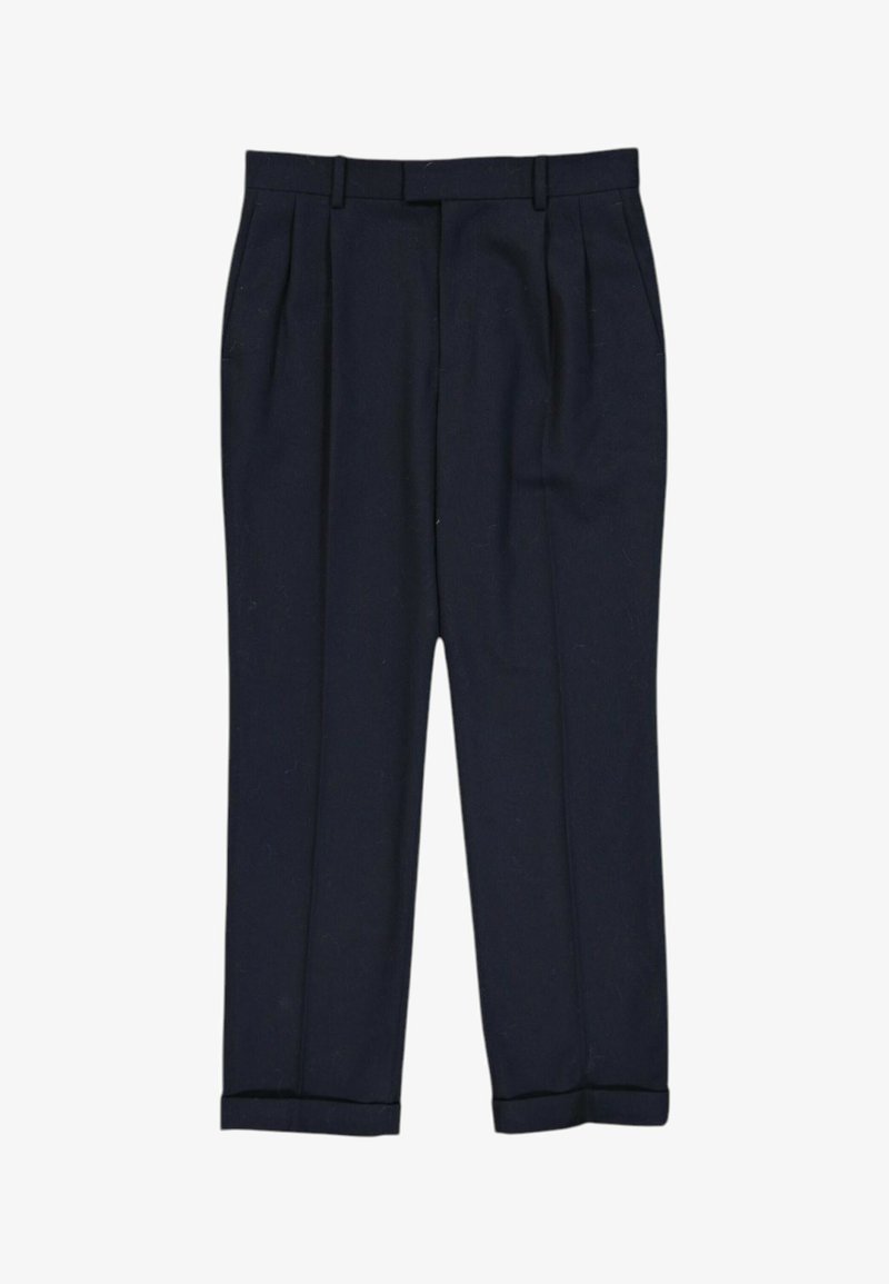 Pantalon bleu marine sur mesure avec passants de ceinture, poches latérales, plis avant et ourlets retournés, adapté pour une tenue formelle ou professionnelle.