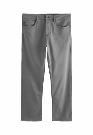 Graue Baumwollmischungshosen mit geradem Bein, flachem Vorderteil, Gürtelschlaufen und zwei seitlichen Taschen. Mit dezenten Nähdetails.