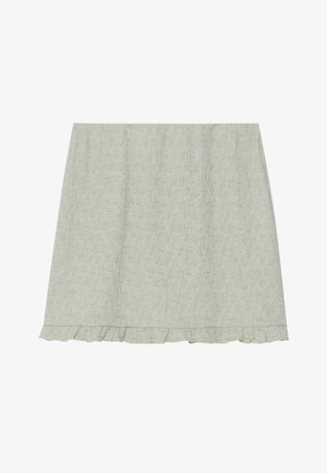 Jupe vert clair en tissu texturé, présentant un ourlet volanté et une silhouette en A. Le matériau semble légèrement froissé.