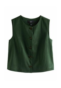 Grøn ærmeløs top lavet af et tekstureret stof, med en rund halsudskæring, fem brune knapper langs fronten og en skræddersyet pasform.