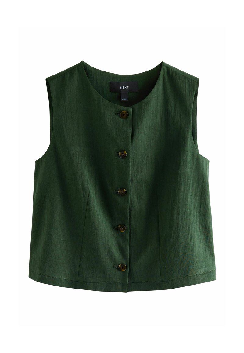 Grøn ærmeløs top lavet af et tekstureret stof, med en rund halsudskæring, fem brune knapper langs fronten og en skræddersyet pasform.
