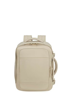 Beige rectangular backpack with padded straps, top and side handles, and front zippered pocket on a white background.