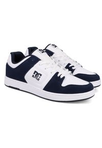 Navy blue and white sneakers with a suede upper, rubber sole, perforated toe, and logo detail on the side. Laces and cushioned collar included.