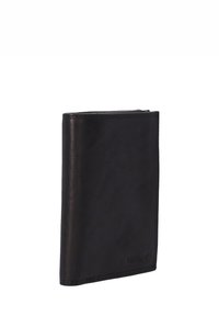 Black leather wallet with a smooth texture, bi-fold design, and contrast stitching; features embossed branding at the bottom.