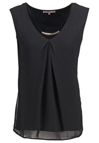 Svart ärmlös topp med V-ringning och frontveckdetalj. Har en horisontell metallisk accent nedanför halsringningen. Slät tyg.