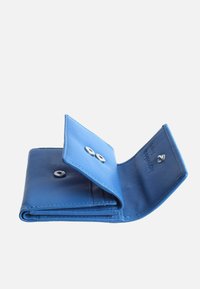 Blue leather wallet with a bi-fold design. It features two snap buttons and an interior with multiple card slots and a smooth texture.
