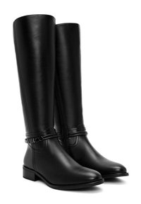 Black leather knee-high boots with a smooth texture, flat heel, side zipper, and decorative strap detail around the ankle.