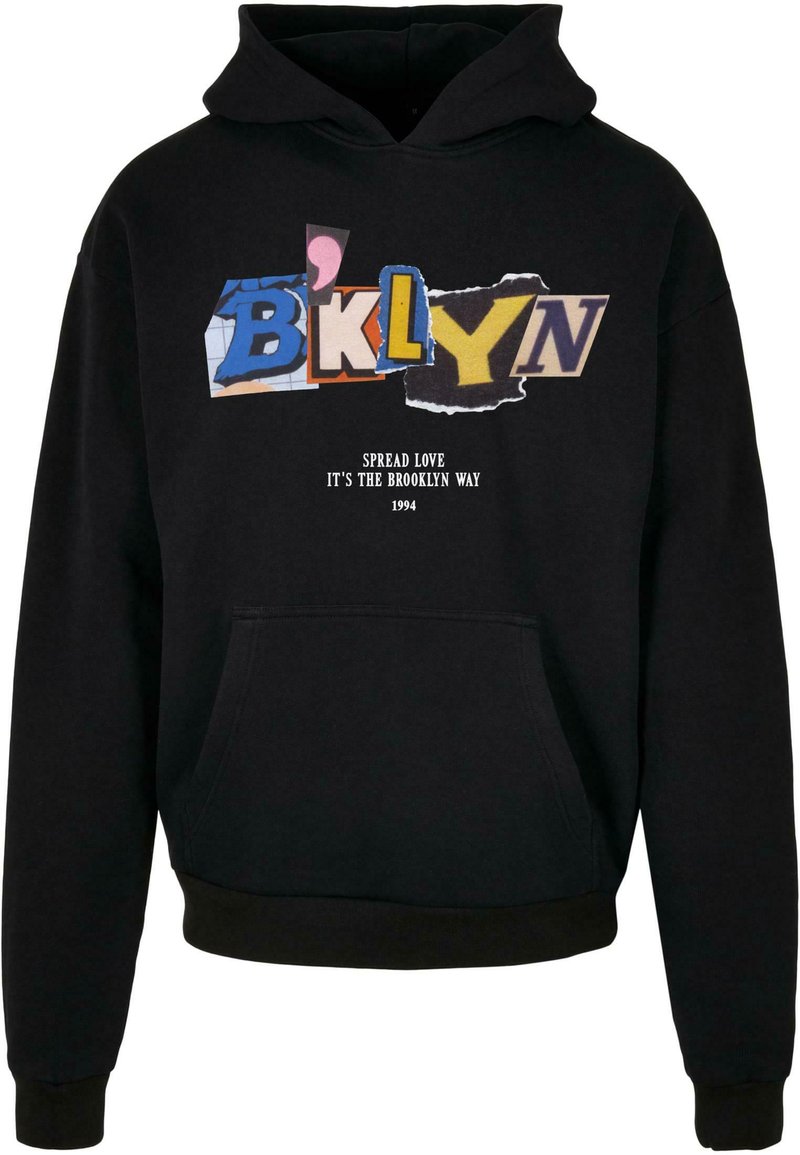 Black hoodie with a front pocket, featuring colorful graphic text "BKLYN" and "Spread Love, It's The Brooklyn Way" in white, 1994.