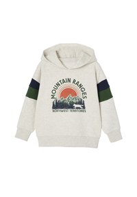 Light grey hoodie with a front graphic featuring mountains, trees, and a fox. It has green and navy striped sleeves and a kangaroo pocket.