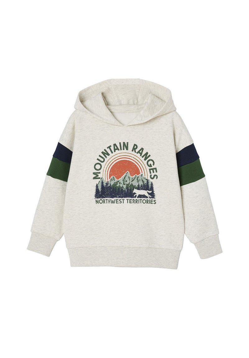 Light grey hoodie with a front graphic featuring mountains, trees, and a fox. It has green and navy striped sleeves and a kangaroo pocket.
