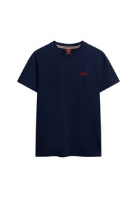 Navy blue short-sleeve crew neck t-shirt with small red Superdry logo on left chest and striped detail inside collar.
