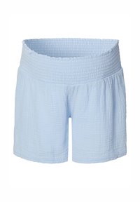 Světle modré bavlněné šortky s tkaným vzorem a stahovacím pasem na gumu, s měkkým, strukturovaným povrchem a pohodlným střihem. Délka nad kolena.
