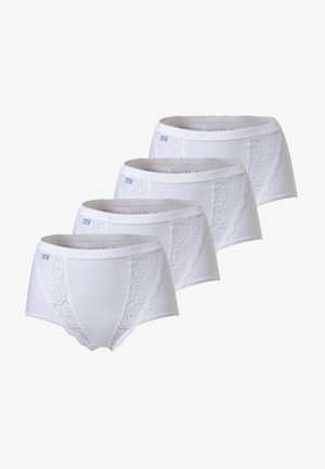 Bragas de algodón blancas con detalle de encaje, con un corte clásico de braguita. Cuatro pares exhibidos en fila, mostrando una textura suave y bordes ondulados.