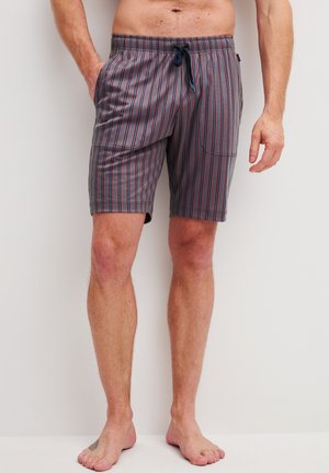 Man draagt grijze korte broek met rode en blauwe verticale strepen, staat blootsvoets tegen een effen witte achtergrond.