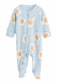 Blå babybody med mönster av leende stekta ägg. Tillverkad av mjukt tyg, den har långa ärmar, fötter och en dragkedja framtill.