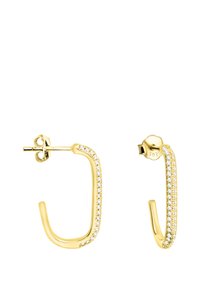 Orecchini a cerchio in oro con design curvo, decorati con piccole pietre trasparenti lungo un bordo, dotati di chiusura a perno.