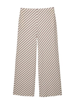 Pantalons larges en tissu crème clair avec des rayures bordeaux diagonales, texture lisse et ourlet dépouillé.