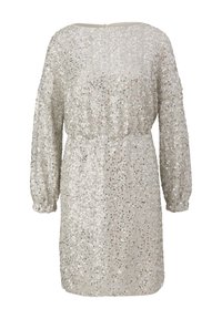 Robe à manches longues en sequins argentés avec une coupe décontractée, taille froncée, encolure ronde et doublure douce.