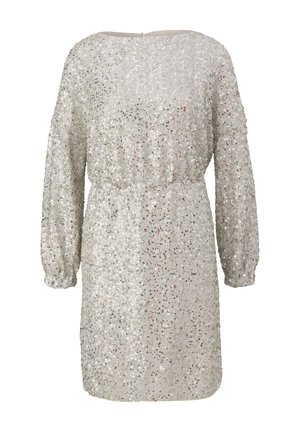 Langzaam mouwloze zilveren pailletten jurk met een ontspannen pasvorm, geplooide taille, ronde halslijn en zachte voering.