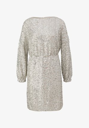 Langzaam mouwloze zilveren pailletten jurk met een ontspannen pasvorm, geplooide taille, ronde halslijn en zachte voering.