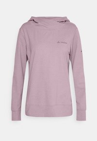 Světle fialová mikina s dlouhým rukávem a texturovaným vzorem, s překříženou kapucí, logem VAUDE a žebrovanými manžetami a spodním lemem.