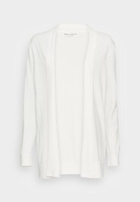 Vit cardigan i mjukt stickat material, med sjalkrage, öppen front och långa ärmar med ribbade manschetter.