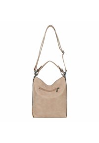 Bolso de hombro de ante sintético beige con parte superior curvada, correas ajustables y un bolsillo con cremallera en la parte frontal. Textura suave, diseño minimalista.