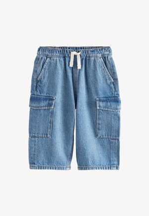 Hellblaue Denim-Cargoshorts mit elastischem Bund und weißem Kordelzug, ausgestattet mit Taschen vorne und seitlichen Klappentaschen.
