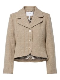 Beige Hahnentritt-Blazer mit Reverskragen, fünf Knöpfen und einem asymmetrischen Saum. Gefüttert mit einem glatten, neutralfarbenen Stoff.