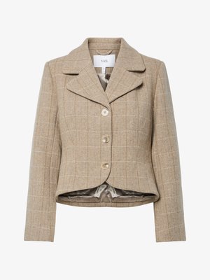 Beige hundetænder blazer med klapkrave, fem knapper og en høj-lav kant. Fôret med et glat, neutralt farvet stof.